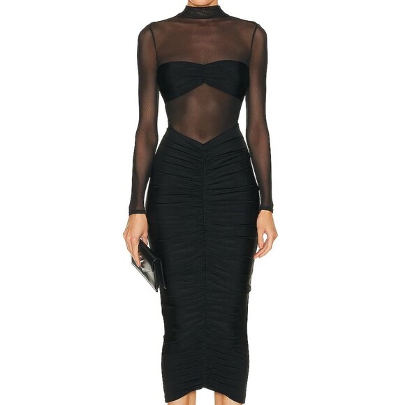 NEW SER.O.YA Levina Dress in Black FWRD mesh cutout midi long sleeve ruched